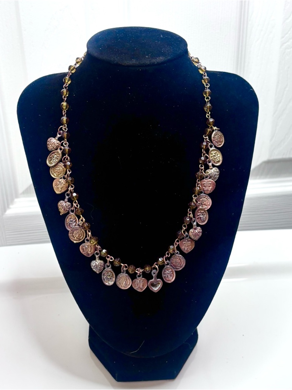 Vintage Charm Necklace Asian Inspired Copper and Brass Glass Beads